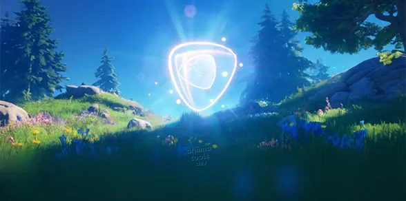Ein Lumin-Bernstein, der über dem Gras schwebt, wie ihn das Spiel zeigt