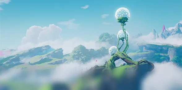 A Branch as the game's map previews it: a tall tree crowned with glowing seed heads, above the clouds