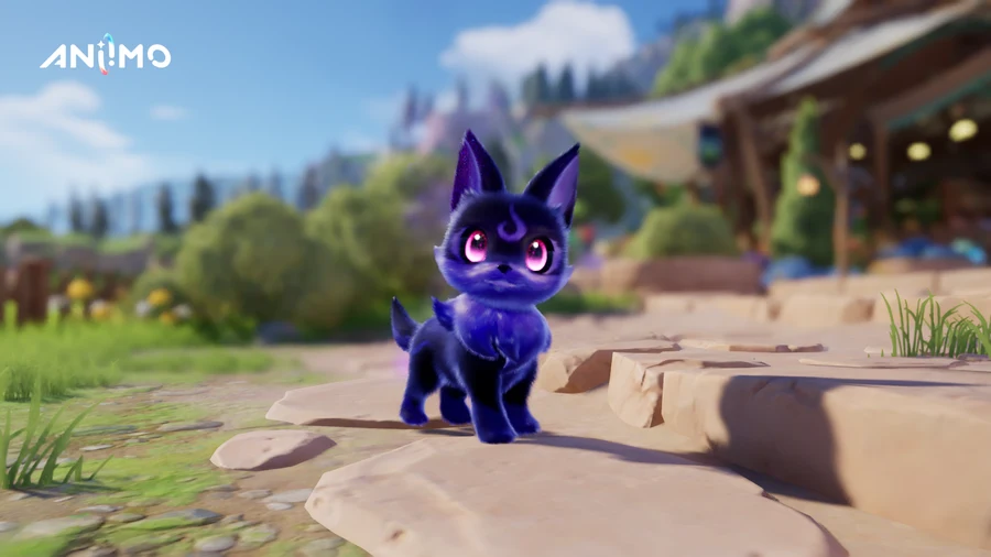 A Perfect Umbral Emberpup, a small purple fox-like Aniimo with glowing pink eyes, standing on a sunlit rocky path in Idyll