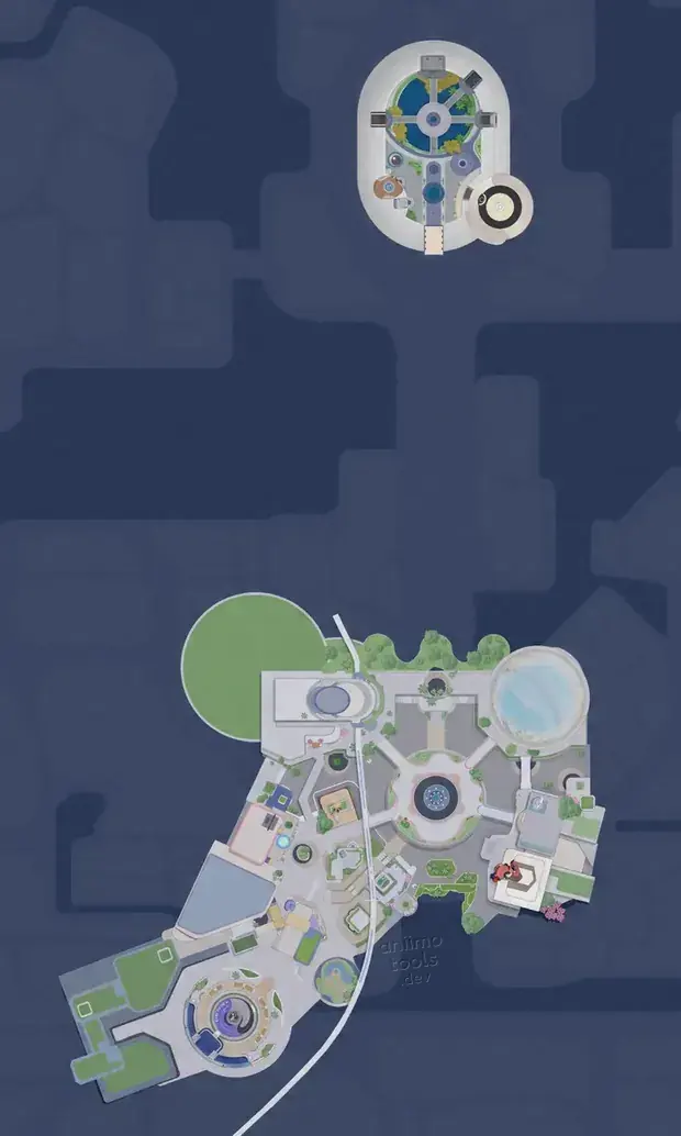 Map of Astra: Polaris Institute at the top, Boomblast Arena at the bottom