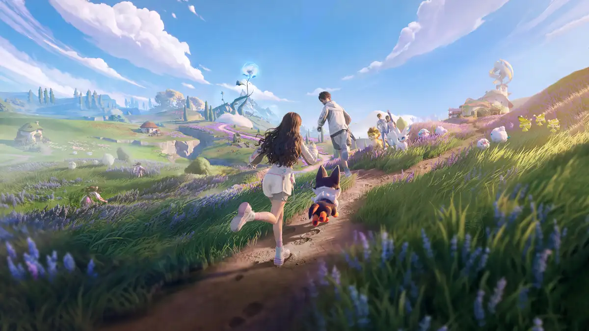 The Season 1 art: Pathfinders and their Aniimo running down a lavender path