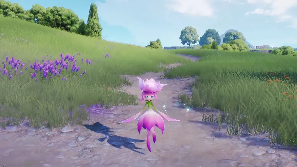 Irisalis dancing on a meadow path in Breezy Plains, trailing the sparkles of the Legendary Journey catch effect