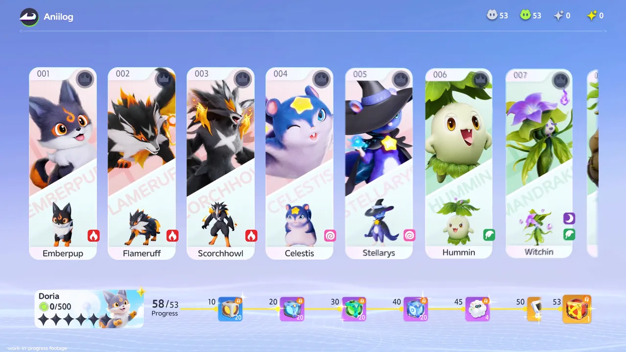 An in-game Aniilog data panel showing an Aniimo's stats, skills and traits