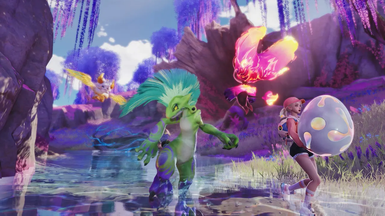 A Pathfinder carries a large glowing Aniimo egg through a vivid purple wetland while two Aniimo face off nearby